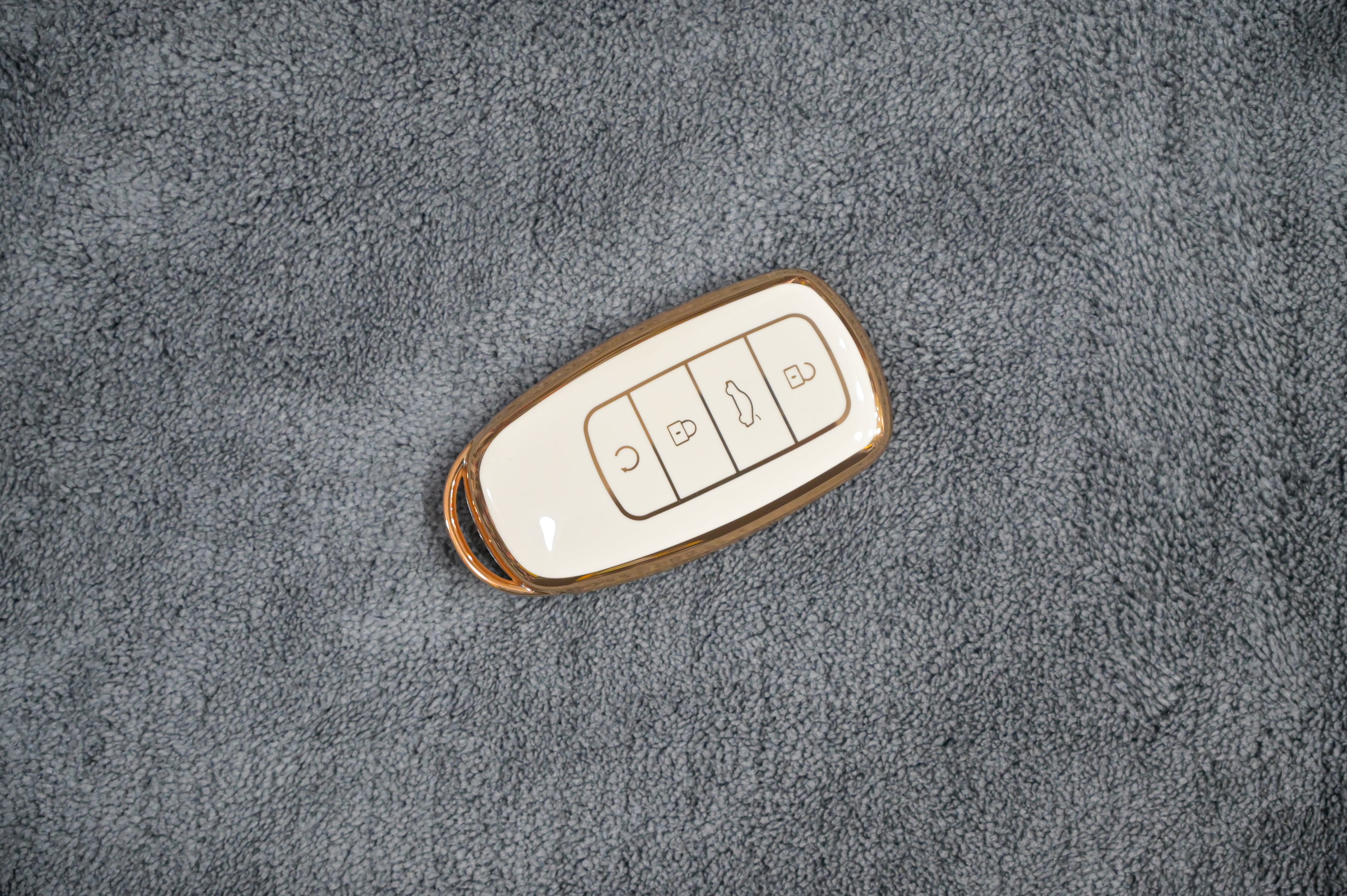 Premium TPU Smart Key Fob Cover (Off-White & Rose Gold Trim) - 4 Button Protection Case