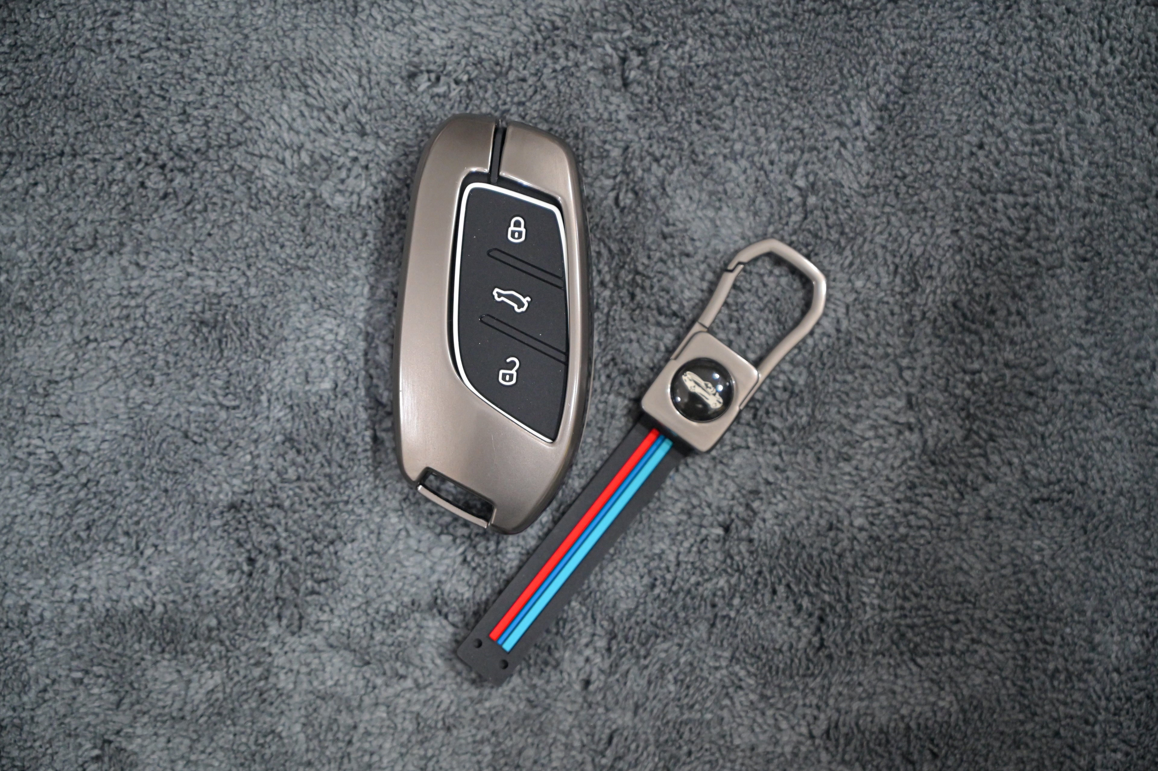 Metal Alloy Key Fob Cover Case with Keychain (Gunmetal) - 3-Button Remote Shell