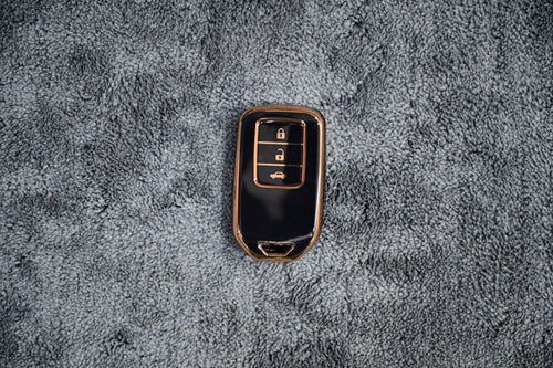 Premium TPU Smart Key Fob Cover (Glossy Black & Rose Gold Trim) - 3-Button Protection Case
