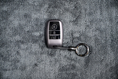 Premium TPU Smart Key Fob Cover with Ring Keychain (Silver Matte) - 3-Button Protection Case
